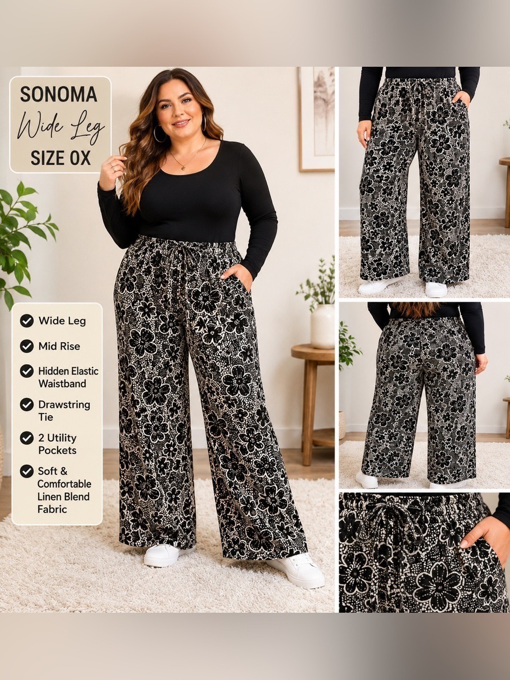 Sonoma Wide Leg Floral Pants Women’s Plus Size 0X Black White Linen Blend